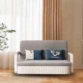 Two-seater sofa bed with cotton linen upholstery, storage compartment, and square arm design